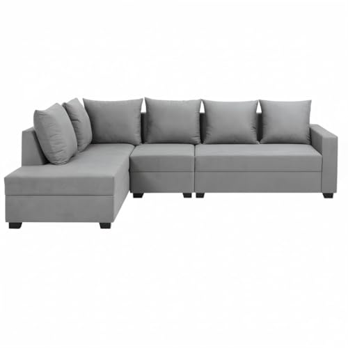 Image of FURNY Gloria 6 Seater Fabric LHS L Shape Sofa Set (Light Grey) Premium Velvet Finish | Durable Comfort | Ideal for Living Room