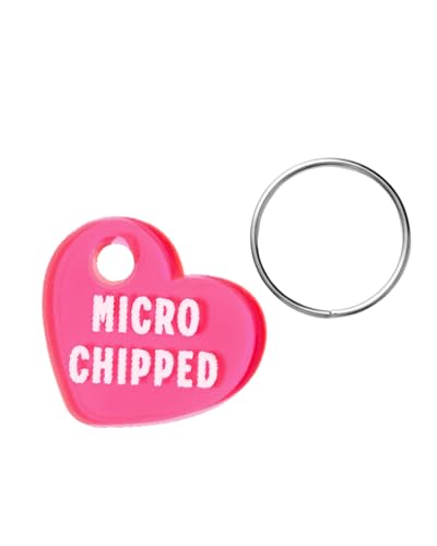 Small Microchipped Pet Tag Charm for Collar – 0.7 Inch Neon Pink Heart – Dog & Cat ID Accessory Name Pendant – Microchip Identification – Pet Safety Engraved Charm