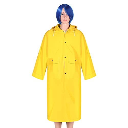 Xinnun 3 Pieces Halloween Yellow PVC Raincoat with Detachable Hood Blue Short Straight Wig Elastic Hair Net for Halloween (Large)2