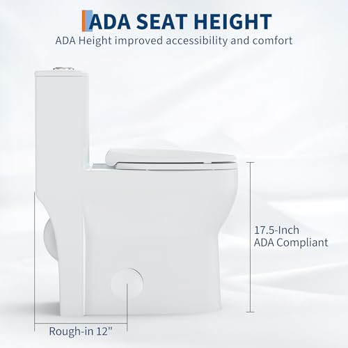 Image of One Piece Toilet with 17 inch ADA Height, Round Bowl Design, Soft Closing PP Toilet Cover, Easy Clean Surface, Water Efficient Flush