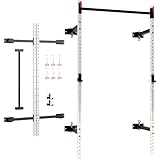 Soozier Folding Squat Rack with Adjustable Pull-Up Bar, 1000 Pounds Capacity Wall Mounted Power Rack, Adjustable Barbell Rack with J Hooks for Home Gym Full Body Workout, White