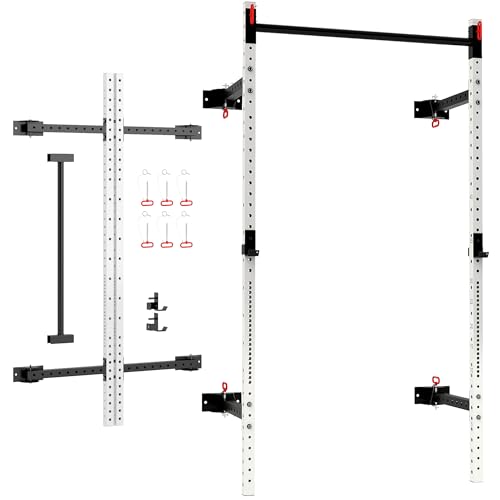 Soozier Folding Squat Rack with Adjustable Pull-Up Bar, 1000 Pounds Capacity Wall Mounted Power Rack, Adjustable Barbell Rack with J Hooks for Home Gym Full Body Workout, White