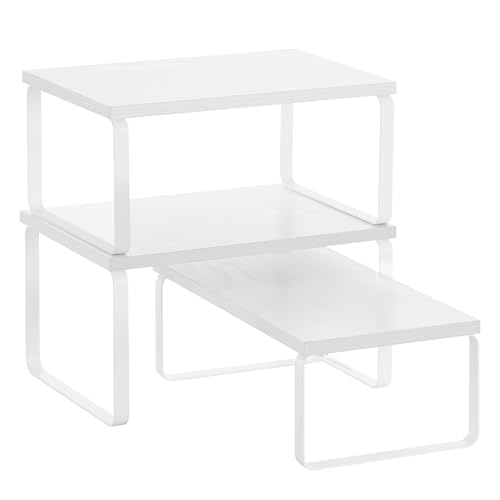 SONGMICS Gewürzregal 3er Set Küchen-Organizer Küchenregal stapelbar erweiterbar Metall und Holzwerkstoff schneeweiß-mattweiß KCS220W01