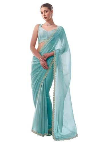 Image of ORHANS Women's Chiffon Saree with Unstitched Blouse Piece Solid Pattern and Laced Border | Lightweight Sarees for Woman | Plain Saris Daily Use | Womens Saree Modern Pattern| Stylish Saree