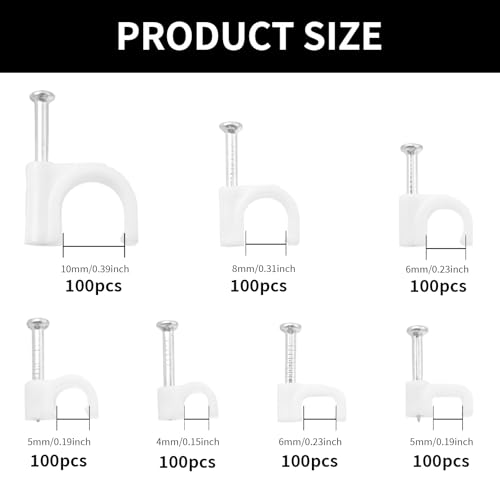 XNJIHWA 700Pcs Cable Clips Wall Wire Clips White Cable Tidy Clips Round Flat with Steel Nails 4mm 5mm 6mm 8mm 10mm for Organizing Electric Wires Cables Line TV - Image 2