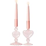 WDS WONDROUS Glass Candle Holders Set of 2 – Pink Heart Taper Candle Holders for Valentine's Day, Candlestick Holder Wedding Decorations, Farmhouse Home Coffee Table Decor & Housewarming Gifts