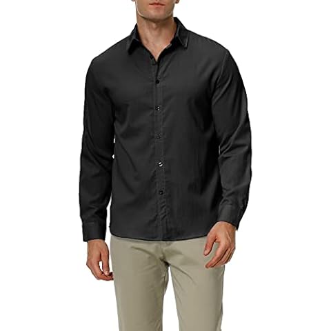 Men's Casual Linen Button Down Long Sleeve Shirt Regular Fit Solid Cotton Dress Shirt(black-2XL) Cover