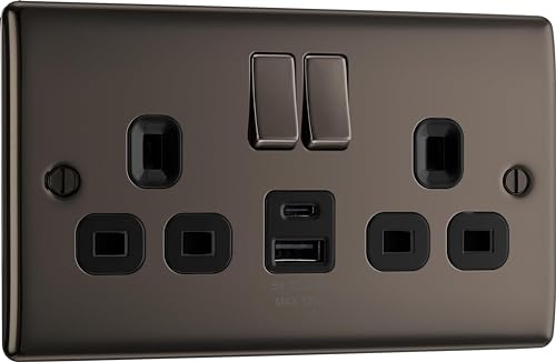 BG Electrical 12W Double Switched Power Wall Plug Socket with USB A and USB C Charging Ports, Nexus Metal, Black Nickel, 13A, NBN22UAC12B