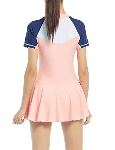 JadeRich Girls Rash Guard Bathing Suit Short Sleeve One Piece Swimsuit Color Block Zipper Swim Dress for Teenagers2