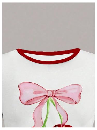 Girl's Cherry Bow Crop Shirts Cute Short Sleeve Graphic Tees Summer Crew Neck Tight T Shirt4
