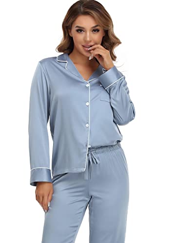 Image of Serenedelicacy Women's Satin Pajama Set Long Sleeve Button Down Sleepwear 2-Piece Silky Pj Set