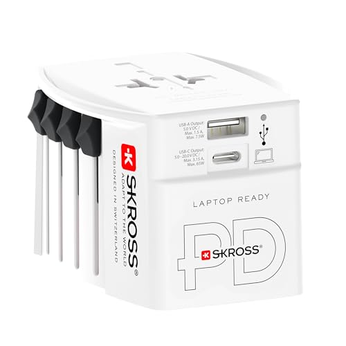 SKROSS -MUV USB AC65PD con Cable USB-C (160 cm) - Adaptador de Viaje Universal de 2 Pines + 1 x USB...