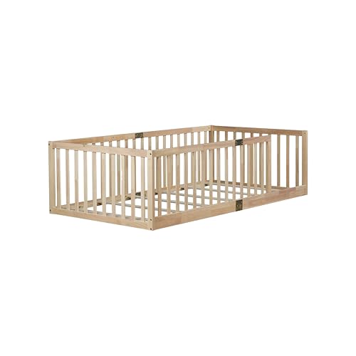 Image of Bellemave Twin Size Kids Montessori Floor Bed Frame with Slats,Solid Wood Floor Bed Frame with High Fence for Kids,Girls,Boys,Natural