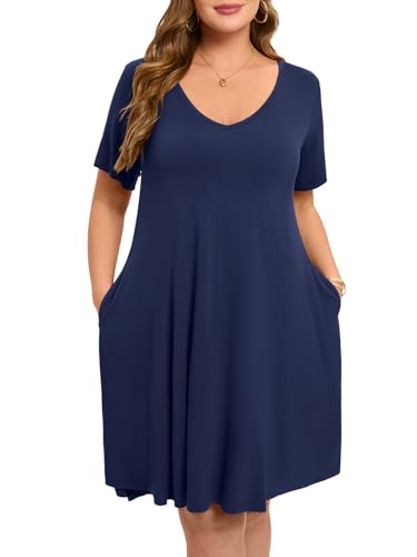 Image of ZENNILO Women's Plus Size Swing Dress with Pockets Casual Summer Dresses V Neck Short Sleeve T Shirt Dress for Women