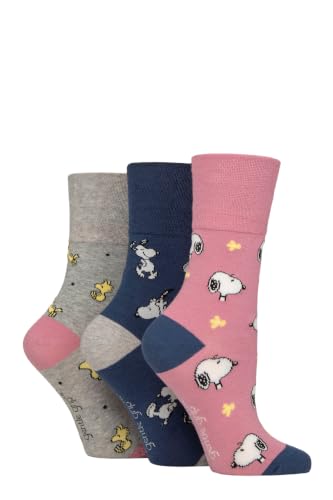SockShop Gentle Grip Womens Peanuts Snoopy Socks 3 Pair Size 4-8 Cotton Rich Novelty Character Gift Pink/Navy/Grey