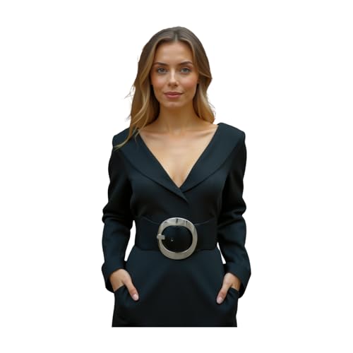 Generic Women Black Elastic Fashion Belt - Hip High Waist Wide Band Gold Metal Round Buckle Size S z165