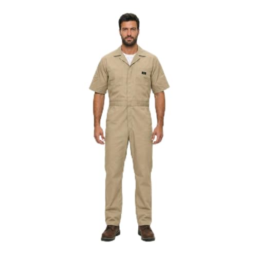 Natural Uniforms Mens Short Sleeve Zip Up Coverall, Stain and Wrinkle Resistant (Khaki, Large)