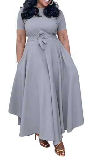Image of BFFBABY Plus Size Dress A Line Dresses for Women Summer Long Dresses with Sleeve Casual Belted