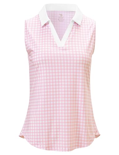 BGOWATU Womens Golf Polo Shirts Sleeveless Collared V Neck Tennis Tops Dry Fit UPF 50+ Workout Tank Lightweight Checkered Pink+White L