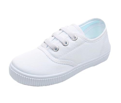 Boys Girls Canvas Sneakers Casual Low Top Slip On Flats Lightweight Comfy White Walking School Shoes