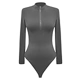 KBOPLEMQ Body elegante de manga larga con cuello alto, body a la moda, con cremallera acanalada, parte delantera, mono sexy, corte ajustado, parte superior de leotardo, tanga, ribbed, ropa interior, O