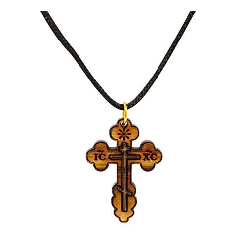 Authentic Wooden Eastern Orthodox Olive Wood Cross Necklace from Bethlehem - Real Olive Wood Christian Jewellery for Men and Women - Certificate of Authenticity and Cotton Pouch Included Cover