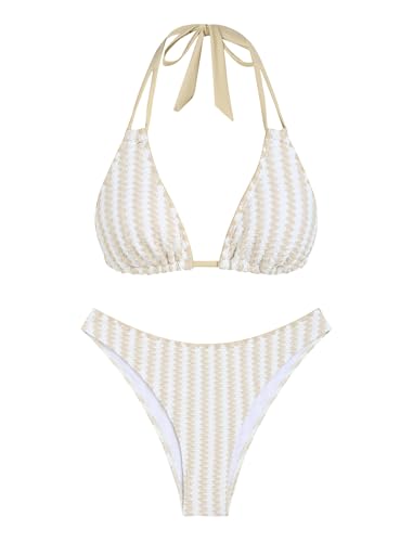 Image of ZAFUL Women Halter Dual Straps Whip Stitch Floral Triangle Bikini Swimsuits