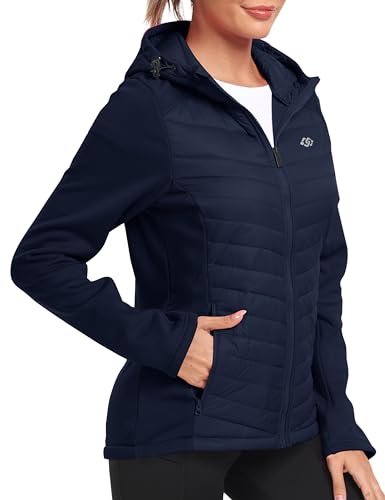MoFiz Women's Insulated Running Jackets Puffer Hybrid Down Jacket Hiking Stretch Zip Pockets Fleece Lined with Hoodie Cold Weather Navy 2XL