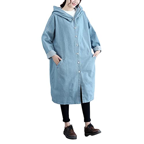 TOMPPY Jeansjacke Mädchen, Lange Damen-Jeansjacke Mit Kapuze Übergröße...