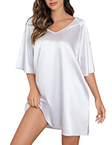 Eshion Womens Plus Size Satin Nightgowns Silk Sleepshirt Sexy V Neck Pajama Dress White 3X-Large #TOP21