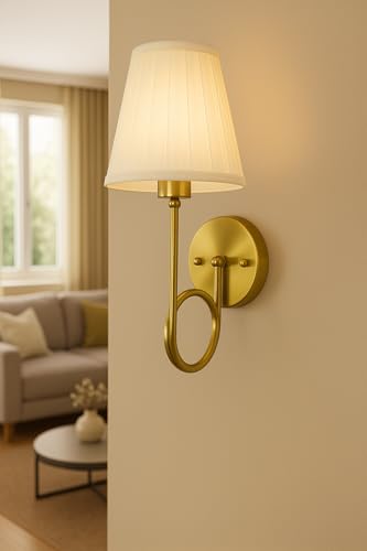 Image of Imperial Grace Vintage Gold Wall Lamp | Classic Cream Fabric Platted Shade | Wall Lamp with Metal Frame | Decorative Lighting Fixture for Living Room, Bedroom (ALD-159-WL)
