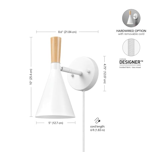 Image of Globe Electric 65000147 1-Light Plug-in or Hardwire Wall Sconce, Matte White, Light Wood-Toned On /Off Rotary Switch on Pivoting Shade, 6ft White Braided Fabric Cord, Wall Lights for Living Room