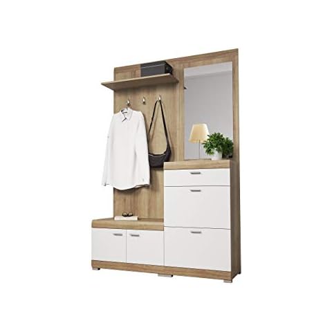 Mirjan24 Garderoben-Set Sofia, Wandgarderobe, Flurgarderobe, Spiegel, 3 Kleiderhaken (Riviera Eiche/Weiß) Cover