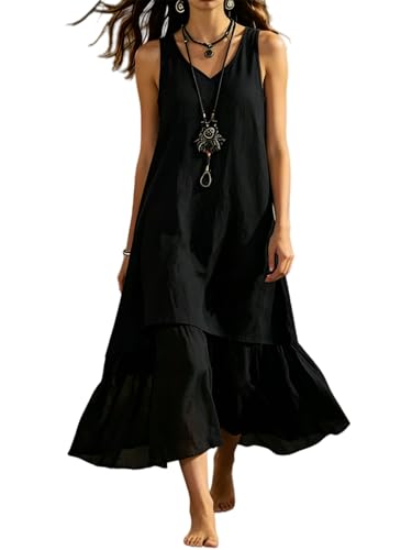 Womens Linen Blend Sleeveless V Neck A Line High Low Hem Midi Dress Loose Fit Flowy Casual Summer Beach Outfit with Pockets (Black,L)