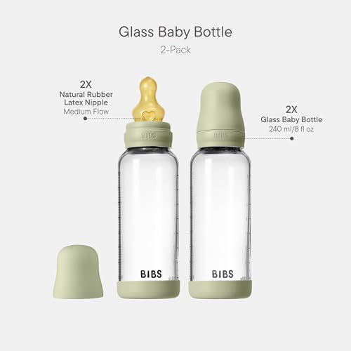 Image of BIBS Glass Baby Bottle, 8.12 oz, 2-Pack, Natural Rubber Nipple, Sage