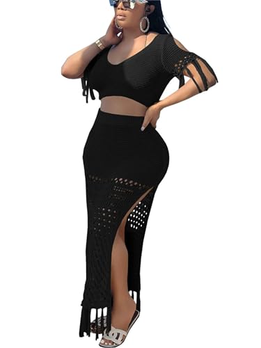 Image of CALEBGAR 2 Piece Outfits for Women Sexy Crochet Tassel Split Midi Dress Summer V Neck Knitted Hollow Crop Tops Y2K Streetwear