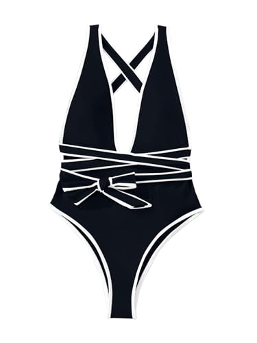Image of Lilosy Sexy Tie Criss Cross Plunge One Piece Thong Swimsuit High Cut Brazilian Bathing Suit