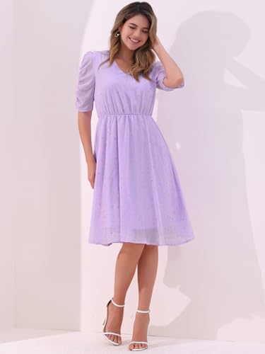 Image of Allegra K Chiffon Dress for Women's Metallic Stars Ruched Sleeve V Neck A-line Dress
