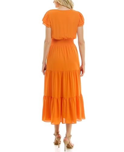 Image of Nanette Nanette Lepore Women's Tiered Pull on Fully Lined Dress with Smock Waist and Pleated Flutter Sleeve