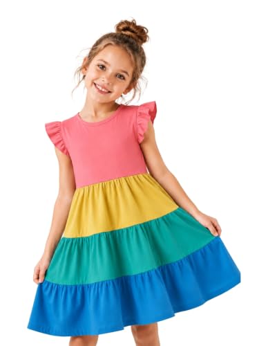 Image of HILEELANG Girls Cotton Tiered Dress Flutter Ruffle Sleeve Summer Swing Sundress Birthday Party Casual Outfit Colorblock 2-12Y
