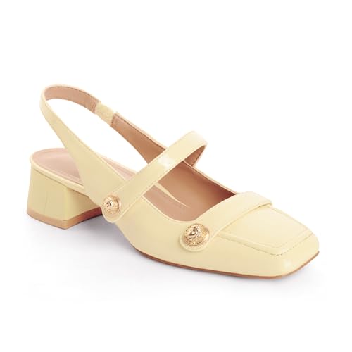 Yellow Slingback Mary Jane Heels for Women Low Block Heel Closed Square Toe Pump Shoes Heels Classic Daily Office Dressy Shoes Yellow Size 9.5