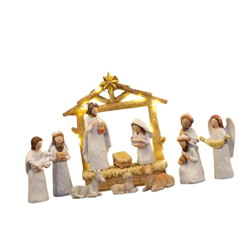 BABIBAOBEI Figuras de belén de Navidad, resinas, estatua de belén con establo, centros de mesa, decoración del hogar, resinas de la familia sagrada con establo
