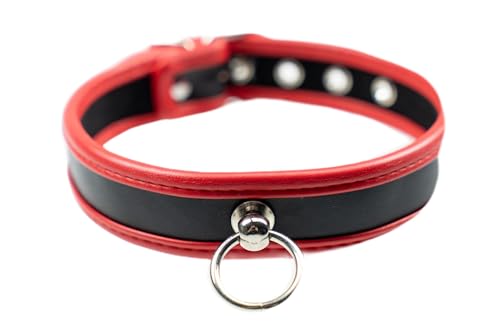 Rubberfashion Leder Halsband mit Metallring - Fesseln & Bondage - BDSM Set für Rollenspiele & Liebesspiele für Frauen und Männer Rot-Schwarz 47 cm...