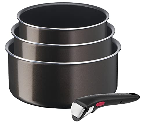 Tefal Ingenio Easy Plus Lot 3 casseroles 16/18/20 cm (1,5/2,1/3 L) + poignée amovible, Empilable, Revêtement antiadhésif, Tous feux sauf induction, Fabriqué en France L1509102, Noir,argent