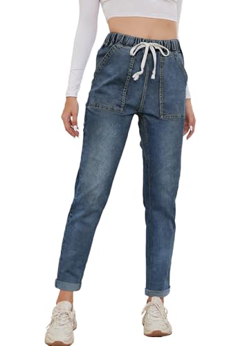 Alaster Queen Jeans Damen Mid Waist Kordelzug Jean Freizeit Jean Bequeme Boyfriend Jeans Damen Mittelblau M