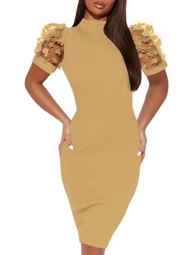 Image of Annystore Bodycon Chunch Dress for Women Summer Puff Lantern Bishop Short Sleeve Dress Mesh Lace Mock Neck Elegant Cocktail Dress Midi Dress Yellow M