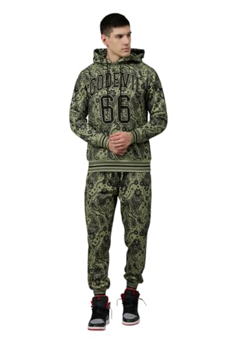 Go Devil Men's Hooded 2 Piece Printed Paisley Design Unisex Green Pullover Hooded Sweatshirts with Pocket Cord Set for Men (US, Alpha, 4X-Large, Green)