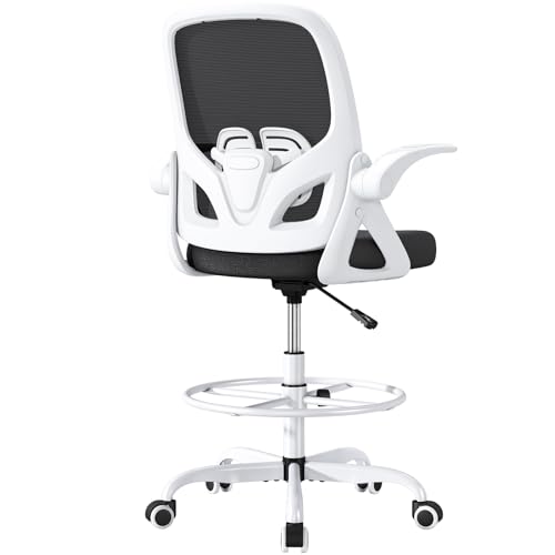 Image of ORRSAKER Drafting Chair, Tall Office Chair with Flip-up Arms, Mesh Ergonomic Computer Standing Desk Chair with Adjustable Height Foot Ring and Lumbar Support, 300 LBS Capacity, White