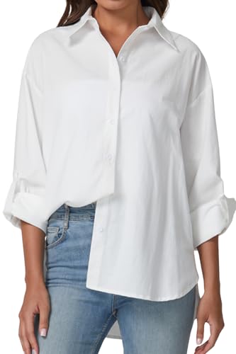 QINSEN Oversized Button Down Shirts for Women Long Sleeve Striped Casual Blouse Cotton Tops