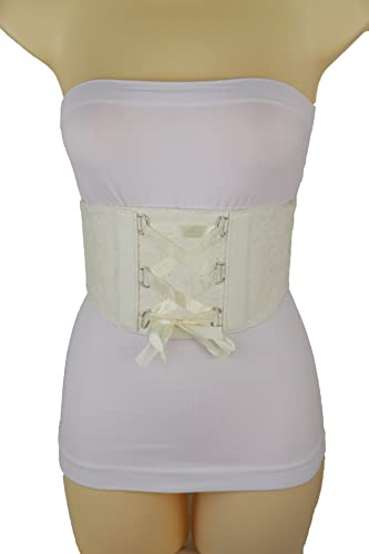 Women Cream Corset Fashion Belt - Elastic Wide Waistband High Waist Fabric Tie Floral Lace Size S M3